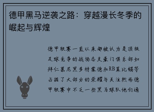 德甲黑马逆袭之路：穿越漫长冬季的崛起与辉煌