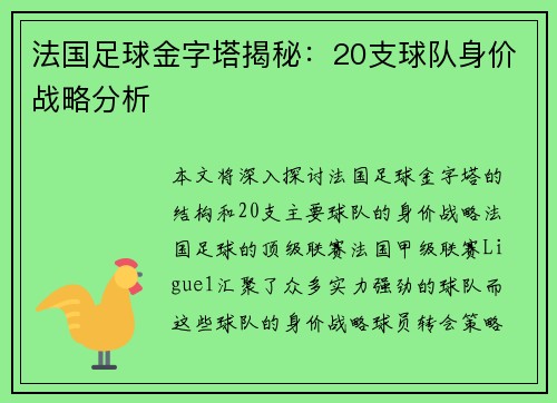法国足球金字塔揭秘：20支球队身价战略分析