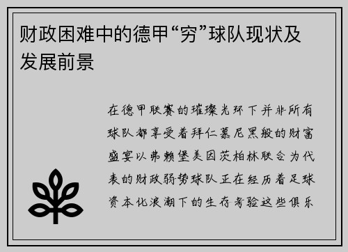财政困难中的德甲“穷”球队现状及发展前景