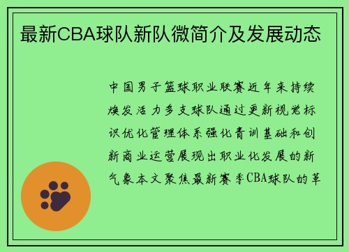 最新CBA球队新队微简介及发展动态