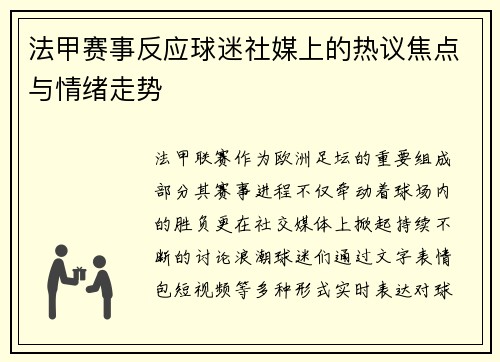 法甲赛事反应球迷社媒上的热议焦点与情绪走势