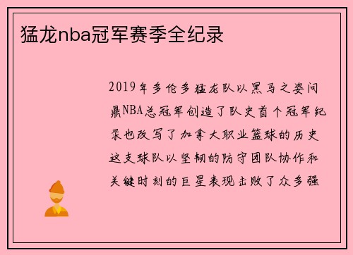 猛龙nba冠军赛季全纪录