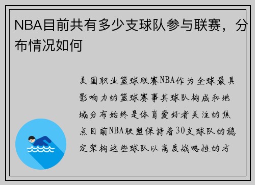 NBA目前共有多少支球队参与联赛，分布情况如何